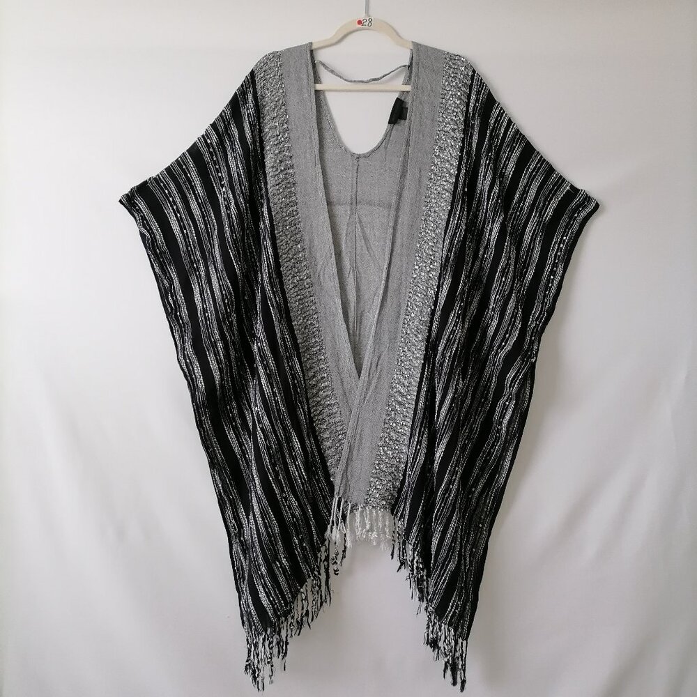 Steve Madden Women's Black-Gray Striped Longline Fringe Open Poncho One Size
